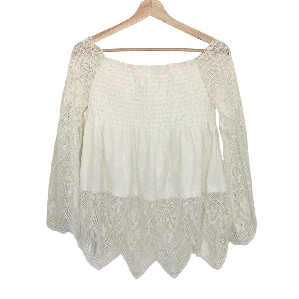 White Sheer Lace Smocked Peplum Blouse M Long Sleeve Fairycore Cottagecore